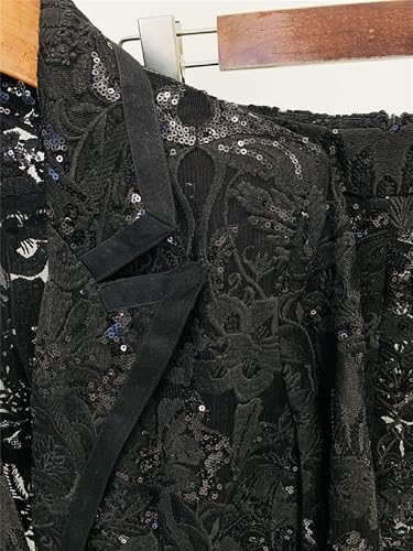 Women's 2024 2 Pieces Suit Set Single Button Guipure Lace Sequined Blazer Jacket Pants Suit Outfit4