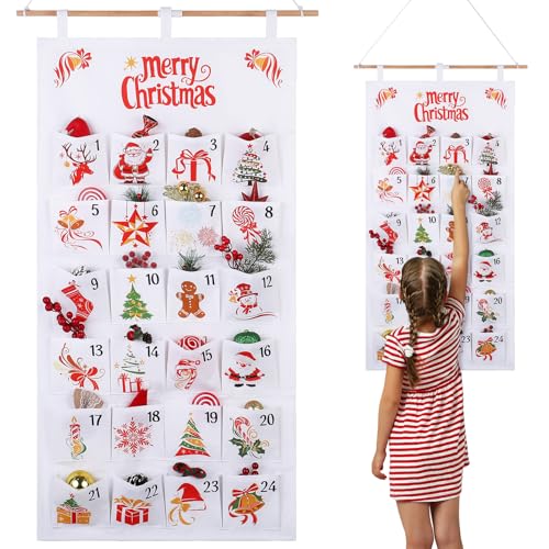 saerryor Christmas Advent Calendar, 2025 Fabric Hanging Christmas Advent Calendar with 24 Pockets, for Wall Door Decoration, Holiday Countdown