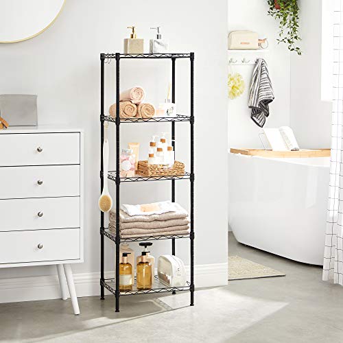 Songmics Kitchen Metal Shelves, 5-Tier Wire Shelving Unit With 8 Hooks, Narrow Storage Rack With Pp Shelf Liners, Height-Adjustable, For Bathroom, Pantry, Black Ulgr115B01 #TOP7