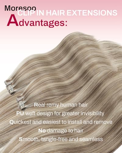 Image of Moresoo Real Human Hair Extensions Clip in Thick Light Ash Brown to Light Blonde Highlights Seamless Clip in Hair Extensions Remy Hair for Women Clips in Extensions Real Hair Long 120g /7pcs 20 inch | Clip in human hair extensions, light ash brown to light blonde, 120g 7pcs, for daily glam, for office to evening styling