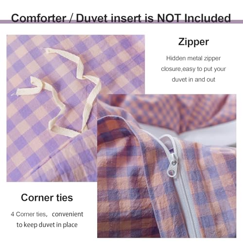 Image of EAVD Vintage Purple Gingham Duvet Cover Queen Soft 100% Washed Cotton Modern Purple Pink Grid Plaid Duvet Cover with 2 Pillowcases Reversible Geometric Pattern Bedding Set with Zipper Closure