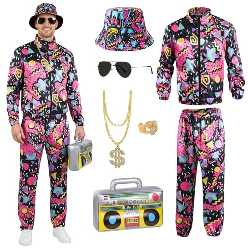 Disfraz de los años 80 y 90 para hombre y mujer, disfraz de los años 80, chaqueta para adultos, pantalones, sombrero de pescador, gafas, collar, accesorios de hip-hop, disfraz retro de fiesta de los