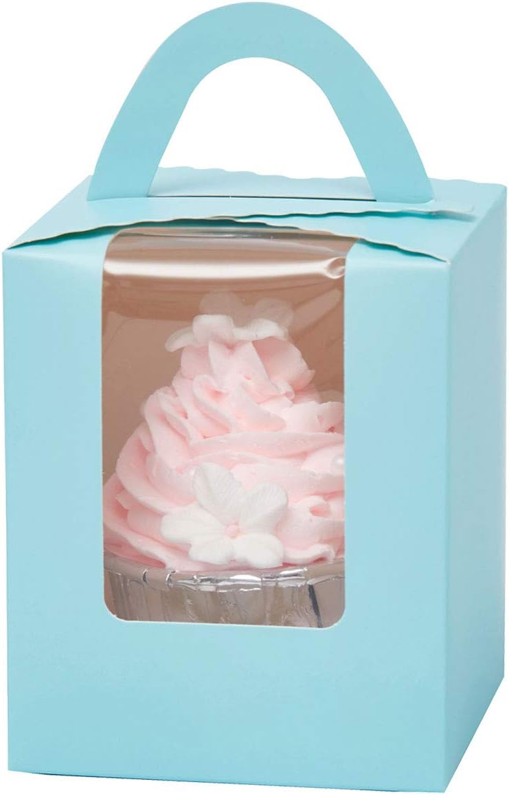 Baby Blue Cupcake Boxes For Baby Shower Boy With Window Holder Easy Assembly Bottom 50 Count (Classic Series)