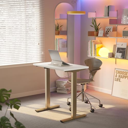 Image of HUANUO 32 inch Small Electric Standing Desk Adjustable Height, 4 Memory Height Settings, Sit Stand Up Desk for Home Office & Computer Workstation, White and Gold Frame