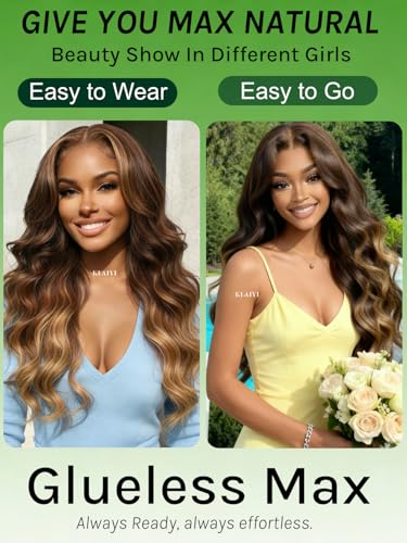 Image of KLAIYI Ombre Brown Bye Bye Slip Loose Wave Precut 7x5Lace Front Wigs Human Hair Glueless Drawstring Balayage Highlight Pre Plucked Bleached Knots Ready to Wear and Go Wig with Face Framing Bang 26Inch