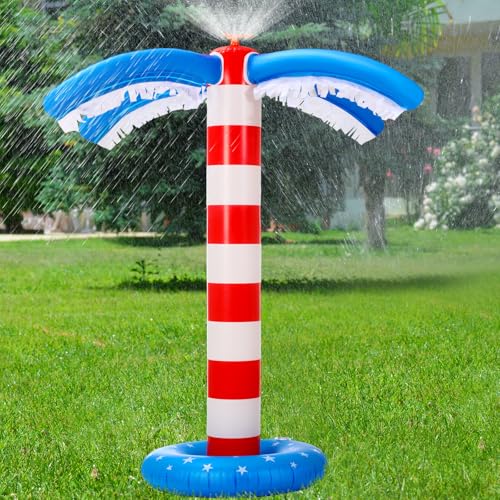 4th of July Inflatable Sprinkler 59 x 20. 5 Inch American Flag Sprinkler Independence Day Outdoor Water Game Patriotic Red Blue Backyard Decoration Summer Palm Tree Decor for Yard Hawaiian Party