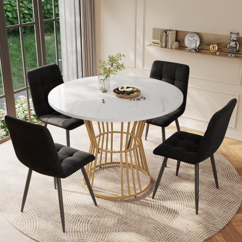 Mesa de comedor redonda de 100 cm – Mesa de cocina redonda con aspecto de mármol y patas de metal doradas – Mesa de comedor moderna para 2 – 4 personas – Blanco/Oro