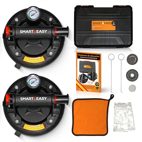 SMART&EASY Set 2 Ventosas para azulejos con Manómetro, 200 kg Succión, Uso Profesional, 200 mm Diámetro, Maletín Compacto, Ventosa para Cristal, Mármol, Granito, Vidrio, Cerámicos, Metal