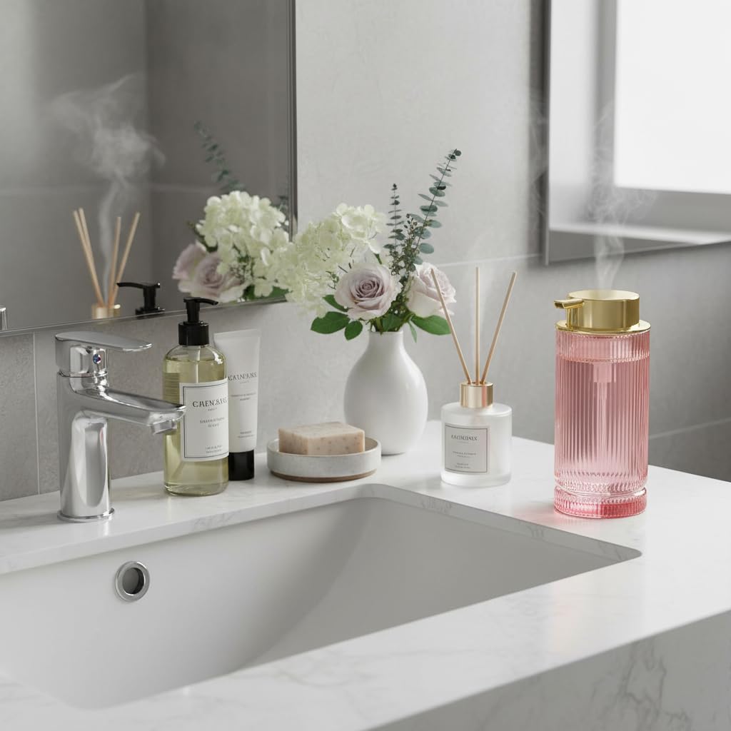 Schaumseifenspender, Glasschaum-Handseifenspender mit Pumpe, 400 ml, Badezimmer, nachfüllbar, Flüssigkeitslotion-Pumpe, gerippter Flaschenbehälter für Küche, Arbeitsplatte, Dekor (1, Roségold)
