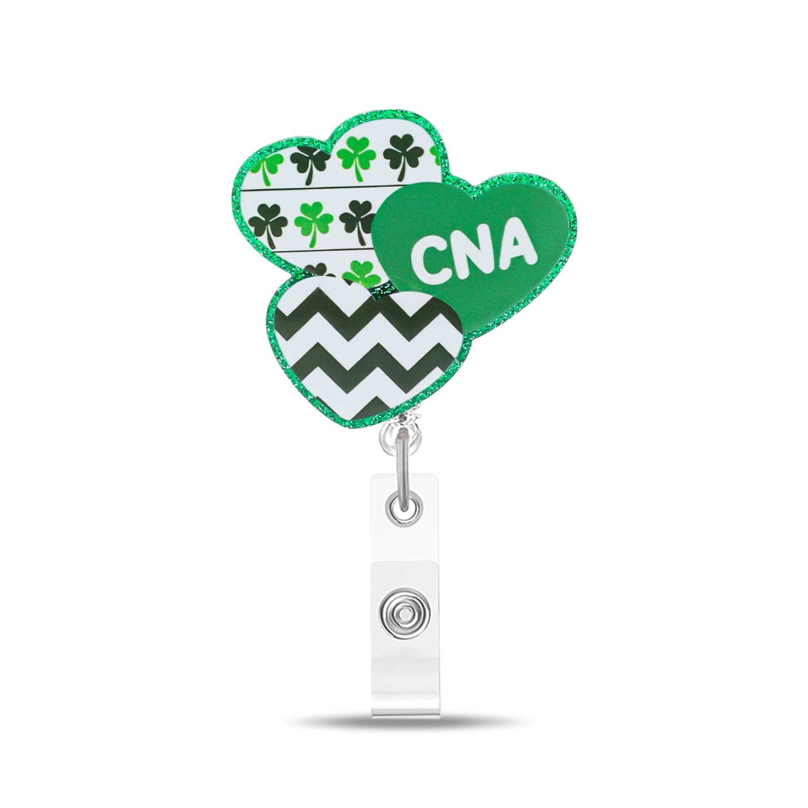 St.Patrick’s Day Badge Reel,Lucky Clover Badge Holder with Green Hearts Design,Glitter Acrylic Retractable Holder with Alligator Clip,ID Name Tag Badge Holder for Nurse Teacher Office Staff