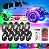 10 Pods RGB+IC LED Rock Lights for Truck Golf Cart SUV ATV UTV RZR, Smart Multi Color Chasing Rock Light with APP/RF Control Sync Music, 12V Waterproof Neon Underglow Kit Vehicle Underbody Light