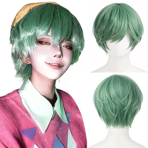 PORSMEER Short Green Wig Costume Cosplay Anime Hair Boys Idol Costume Wig Halloween Accessory Hair for Men