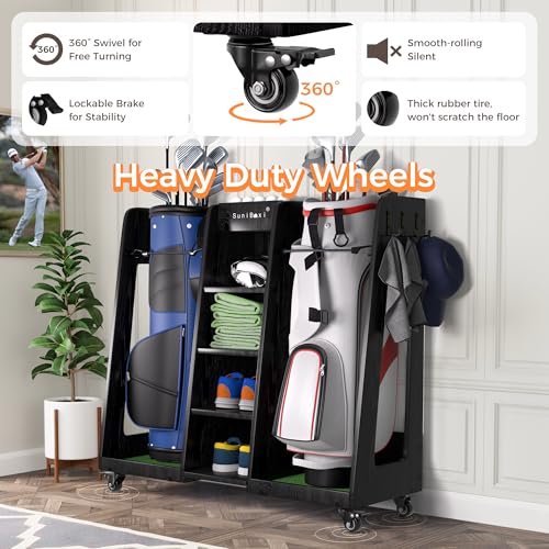Golf-Bag-Organizer-for-2-Bags-Storage-Wooden-Golf-Bag-Stand-Rack-with-Wheels-Heavy-Duty-Space-Saving-Golf-Club-Holder-for-Golfers-Husband-Father-Golf-Bag-Storage-Rack-Golf-Bag-Holder-Heavy-Duty-Space-