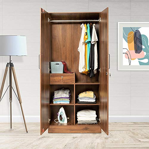 Image of Wakefit Wardrobe | 1 Year Warranty | Engineered Wood Almirah, Cupboard for Clothes Storage | 2 Door, Drawer | Tartan - Columbian Walnut