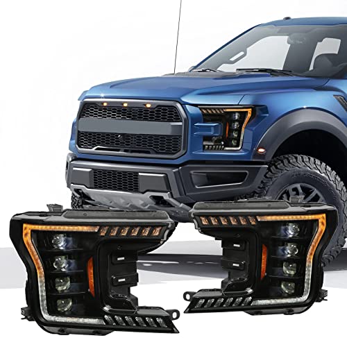 PZ DRL Headlights Assembly with LED Switchback Turn Signal Left and Right Sides Smoked Grey Lens Matte Black Cover Projector for Ford F150 2018-2022 Up
