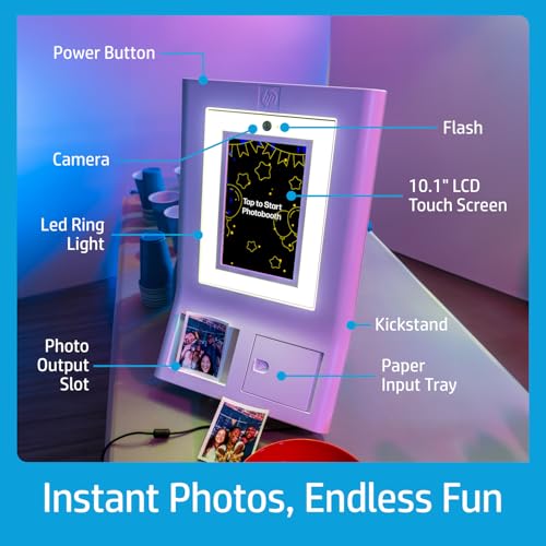 Image of HP Sprocket Photo Booth + 110 3x4 Zink Paper Sheets, Digital Instant Color Photo Printer, 10.1 inch Touchscreen Photobooth, LED Ring Light, Customize w / 250+ Frames, Share via QR Code, Mobile App, White
