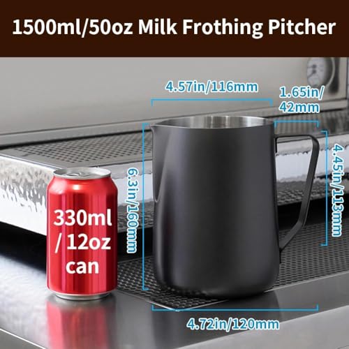 Image of watchget 50oz Milk Frothing Pitcher Stainless Steel Espresso Steaming Jug | Clear Internal Scale, Milk Coffee Cappuccino Latte Art Barista Steam Pitchers,Barista Coffee Bar Accessories, 1500ml, Black