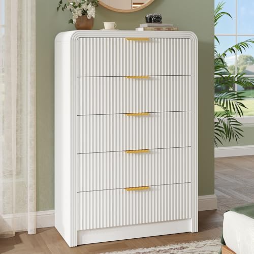 Image of Decofy Fluted 5 Drawers Dresser, 48 inch Tall Modern Chest of Drawers with Round Edge & Metal Handle, Wood Drawer Organizer for Living Room, Bedroom, Entryway, Hallway (White)