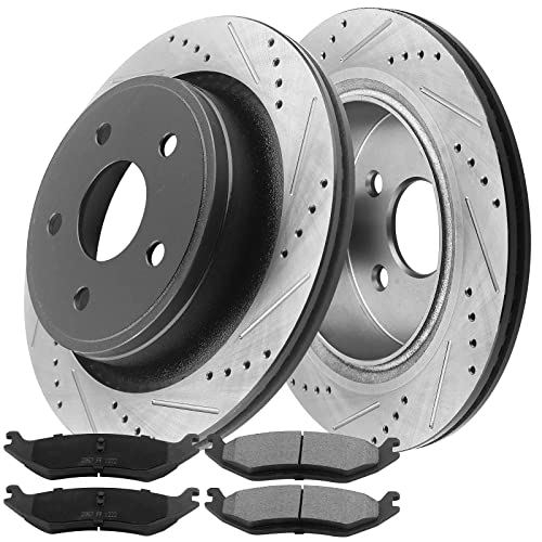 Image of MotorbyMotor Rear Brake Rotors Kit for 2005-2010 Dodge Ram 1500, 2004-2009 Durango, 2011-2018 Ram 1500, 2007-2008 Chrysler Aspen 352mm Drilled & Slotted E-Coating Brake Rotor & Ceramic Pad 53006