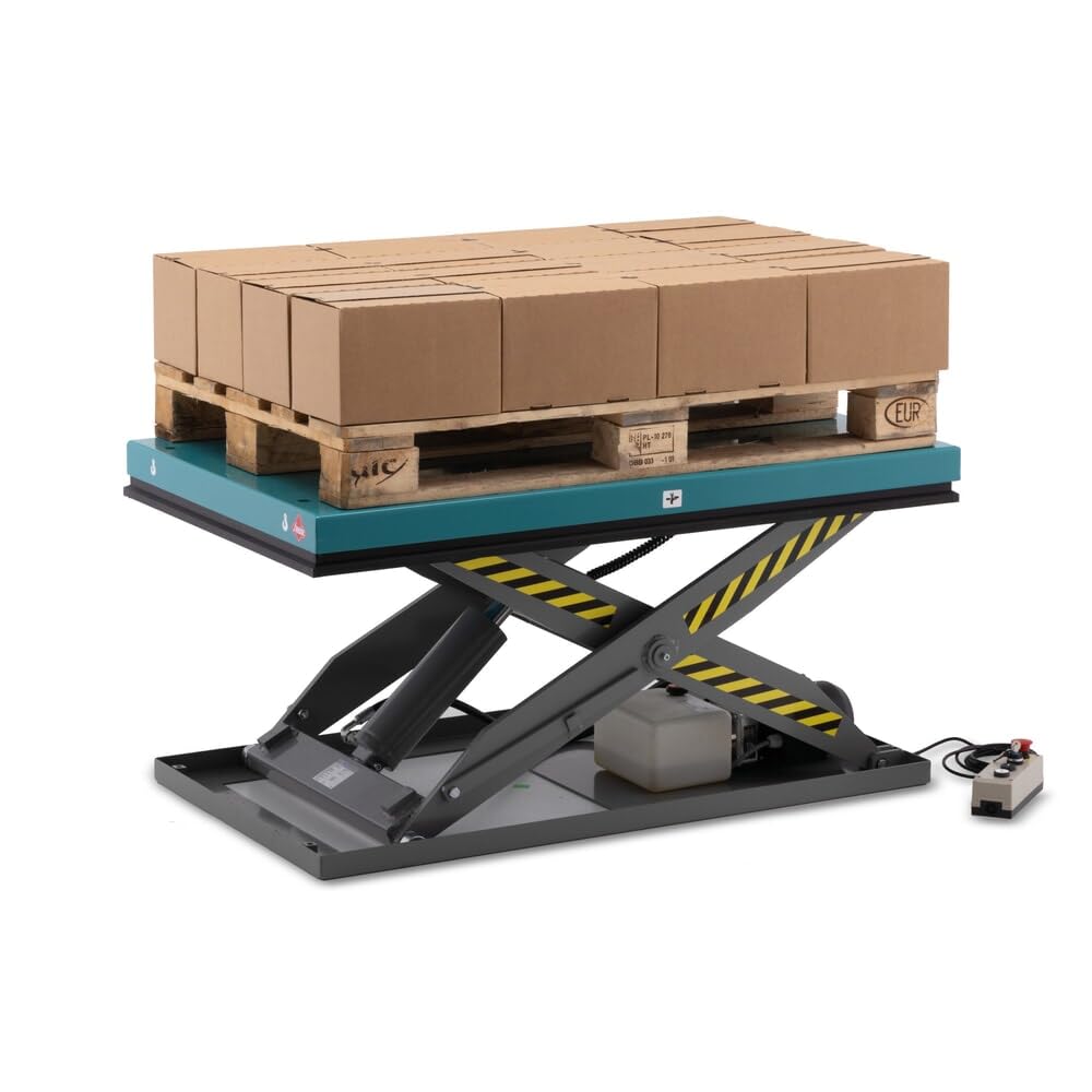 Ameise Elektro-Scheren-Hubtisch SLT mit Einfach-Schere | 1.000 kg Tragkraft | 190-1.010 mm Hubbereich | stufenlose hydraulische Höhenverstellung mit Bedienteil | 1.300 x 800 mm Plattform| Blau/Grau