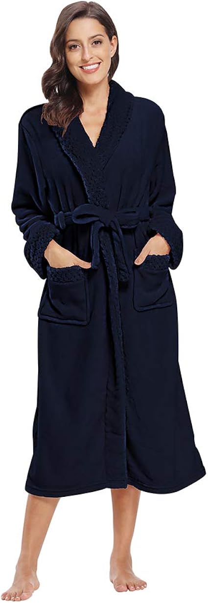 Amazon 激情女郎 バスローブ メンズ レディース ナイトガウン 部屋着 ルームウェア カップル ロング もこもこ あったか 防寒保温 帯巻き ネイビー 女性 L バスローブ 通販