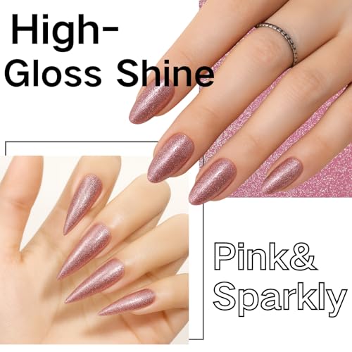 Glitter Nail Polish,Shiny Pink Nail Varnish,Quick-Dry Sparkle Nail Varnish, Long-Lasting Bright Pink Holographic Shimmer Color, Chip-Resistant High-Gloss Finish, No UV Lamp Required - Image 3
