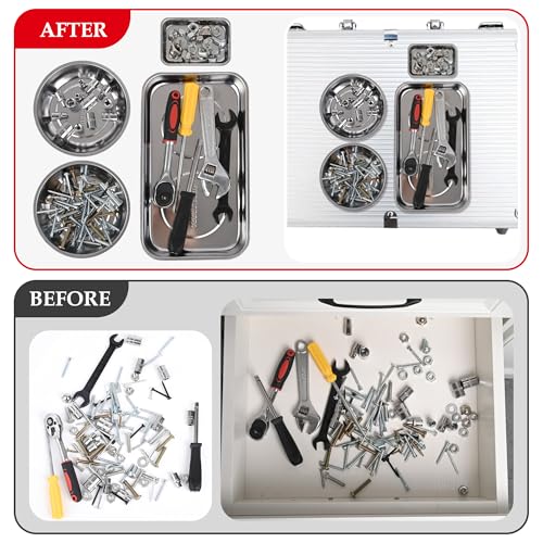 Image of TOOLEAGUE 4Pcs Magnetic Parts Tray Set with 15Lb Magnetic Pickup Pen | Stainless Steel Tray Bowl with Extra Strong Magnets for Organizing and Retrieving Metal Parts