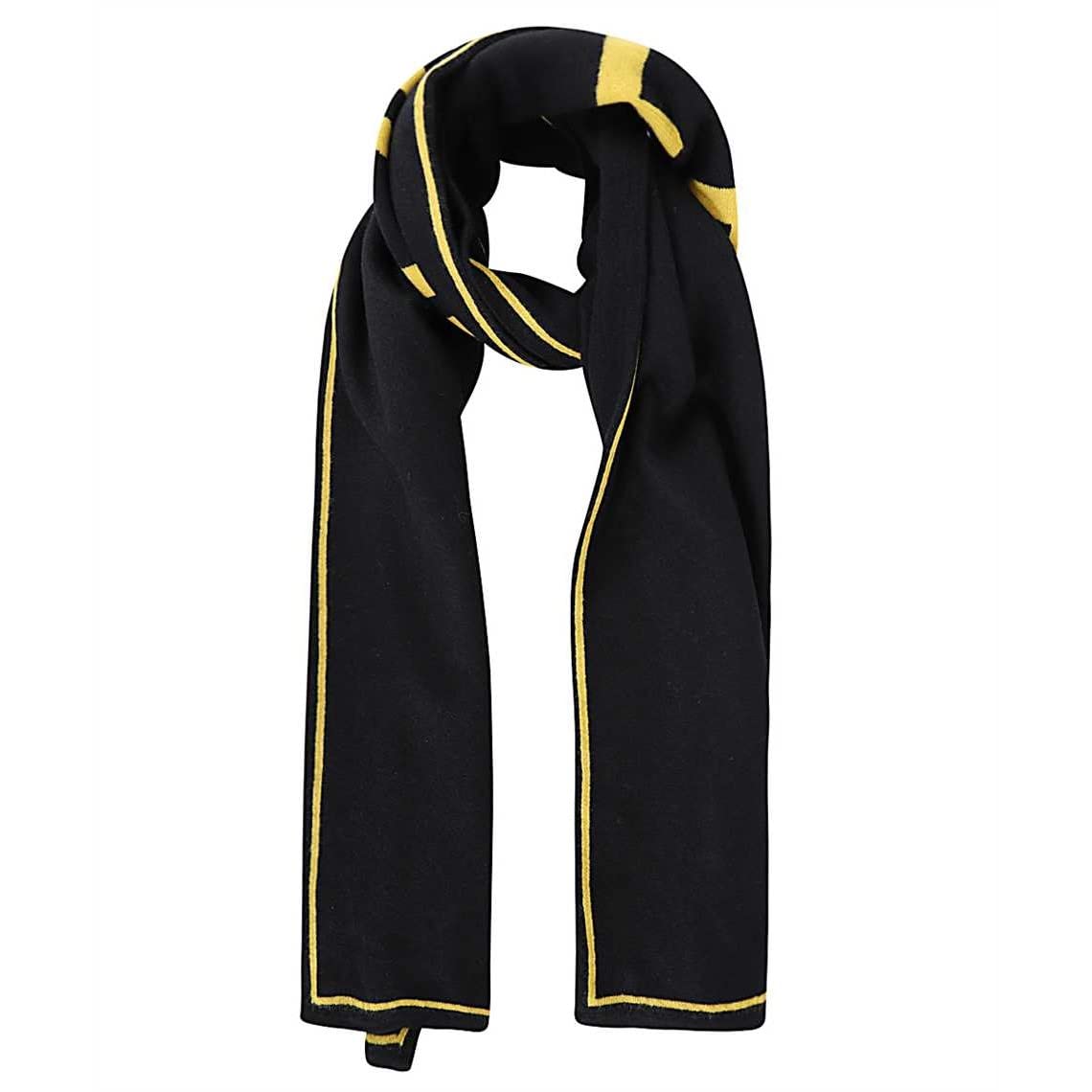 Roma Knitted Wool & Cashmere Black Yellow Logo Scarf FXS124, Black, L