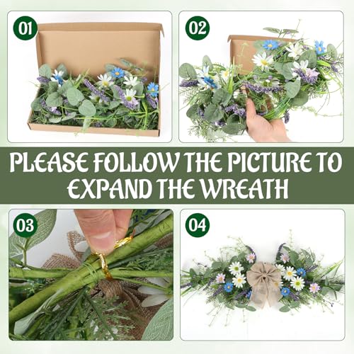 2 Pcs Spring Floral Teardrop Swags 24" Wildflower & Daisy Swag Decor with Linen Bows, Artificial Summer Greenery Swags for Door, Wall, Mantel, and Wedding Decor by EYNDYN - Used condition - Image 4