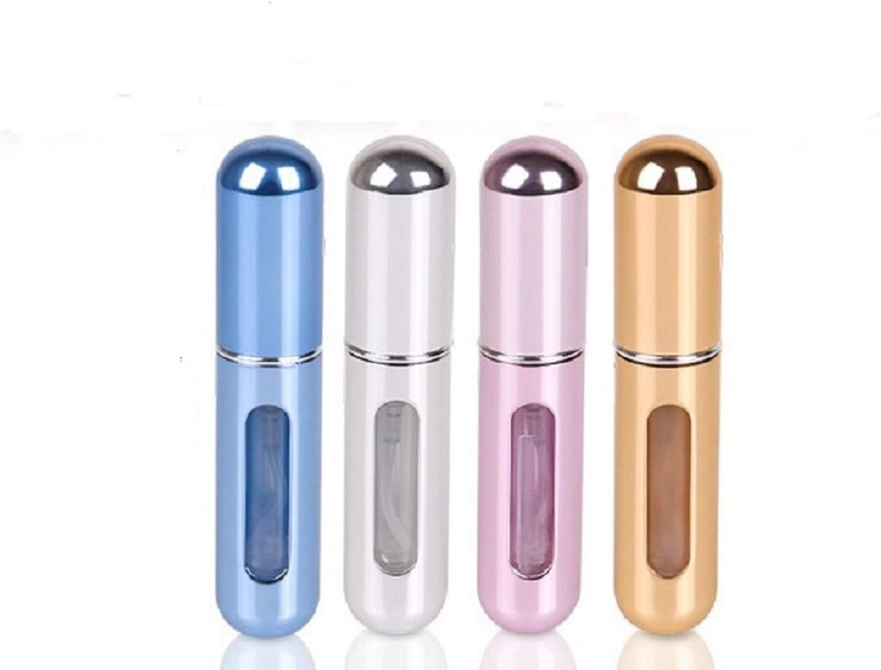 Portable Mini Refillable Empty Perfume Atomizer Spray Bottle Scent Pump Case For Traveling and Outgoing, 5ml, 4 Pieces - Bright Gold, Silver, Pink, Blue