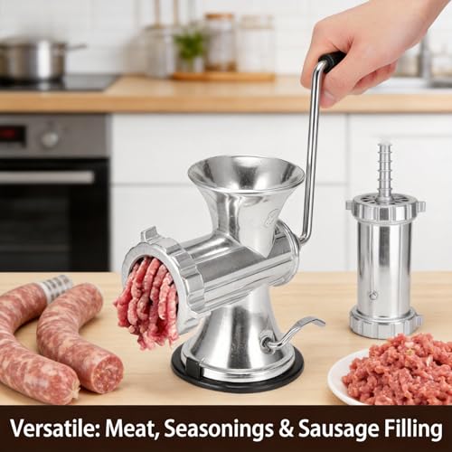 Manueller Fleischwolf aus Aluminiumlegierung, Handbetrieb mit Saugfuß, für Fleisch, Gewürze, Paprika, inkl. Wurstfüllung und Mahlwerk
