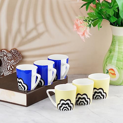 Image of Dandy Lines Conical Medium Yellow & Blue Cloud, Ceramic Coffee Mug Set, Pack of 6, Microwave & Dishwasher Safe, Great for Home Use & Gifting