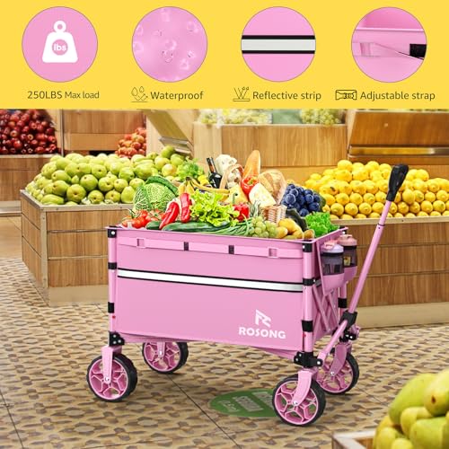 Image of ROSONG Collapsible Wagon Cart with Wheels Foldable - Folding Utility Heavy Duty Wagons Carts for Grocery Sports Garden Shopping Camping Wheelbarrows (Pink, 120L)