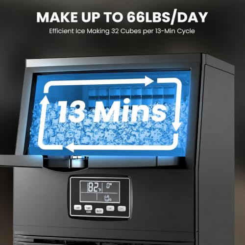 Image of Kismile Commercial Ice Maker Machine, 66LBS /24H, 24H Timer, LCD Panel, Self-Cleaning, Stainless Steel, Under Counter Ice Cube Maker for Home Bar, Include Scoop & Connection Hose