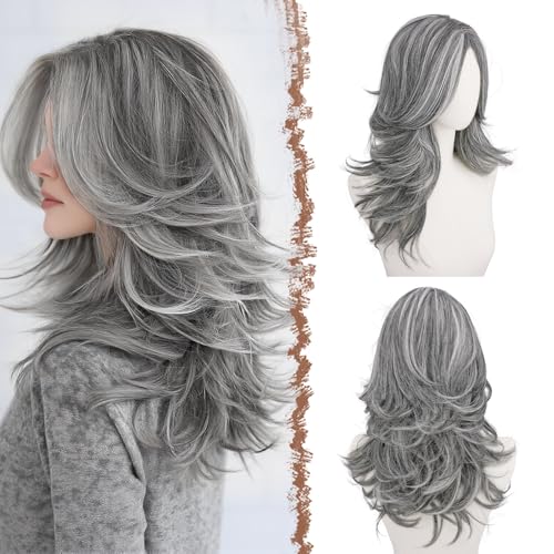 FESHFEN Parrucca Lunghe Ondulate con Frangia per Donne, 55 cm Grigio Parrucche Naturale Stratificato Sintetici Resistente Wig per Use Quotidiano le Feste e il Cosplay