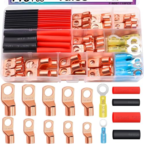 Taiss M6/M8 Cosses Tubulaires Kit 110PCS,pour Câble Électrique,Cosses de Embouts de Câble de Batterie,de raccordement en cuivre，avec un tube de rétrécissement thermique