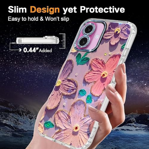 Image of Elzzi Compatible with iPhone 16 Case Laser Flower Oil Painting, Cute Colorful Blue Ray Bumper with Full Camera Protection Shockproof PC+TPU Glossy Shiny Phone Cover for Girls Women (Pink & Purple)