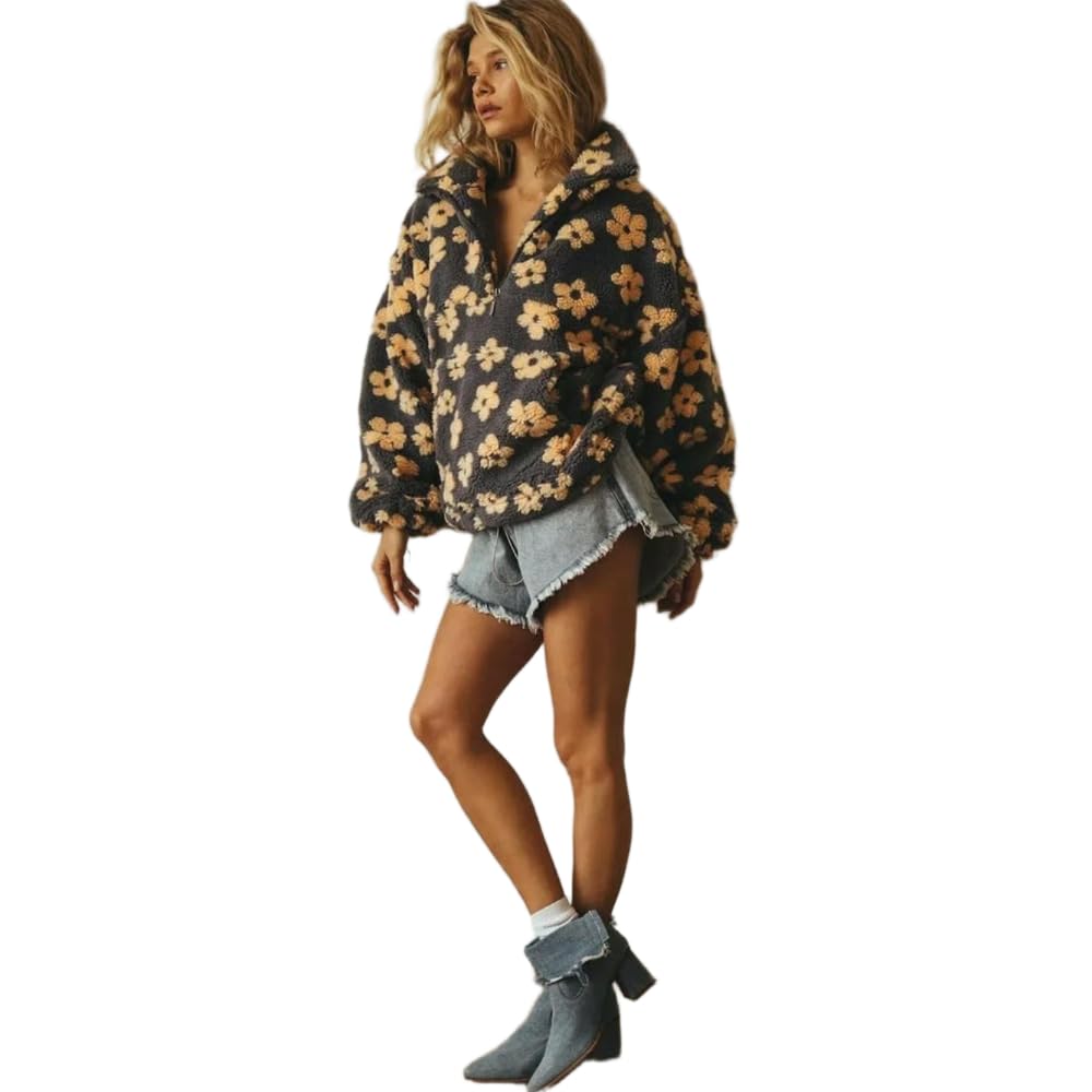 JCVBN jesienno-zimowa damska bluza z kapturem Sherpa kwiatowy sweter z kapturem do połowy zamek luźny krój ciepła stylowa bluza
