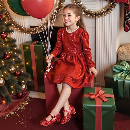 Image of Dufannie Girls Dress Shoes Low Heel Princess Flats Mary Jane Flower Wedding Party Glitter Shoes for Kids Toddler
