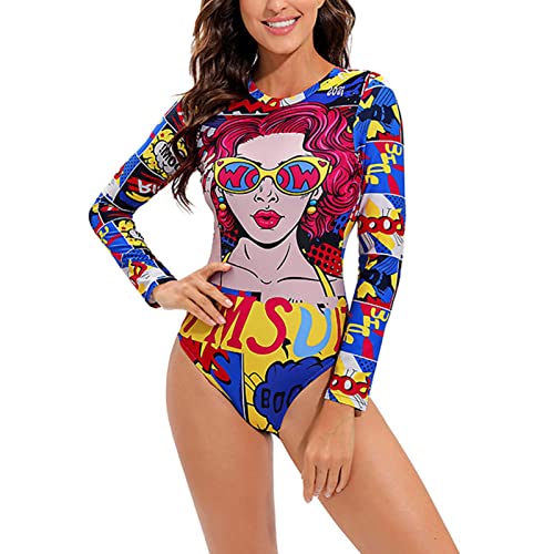 REXLIS Damen Bademode,Cartoon Push Up Bademode für Damen - Rückenfreier Badeanzug Langarm-Badeanzug Sexy Vintage Push-Up-Strand-Bikini mit BH-Pad Cover