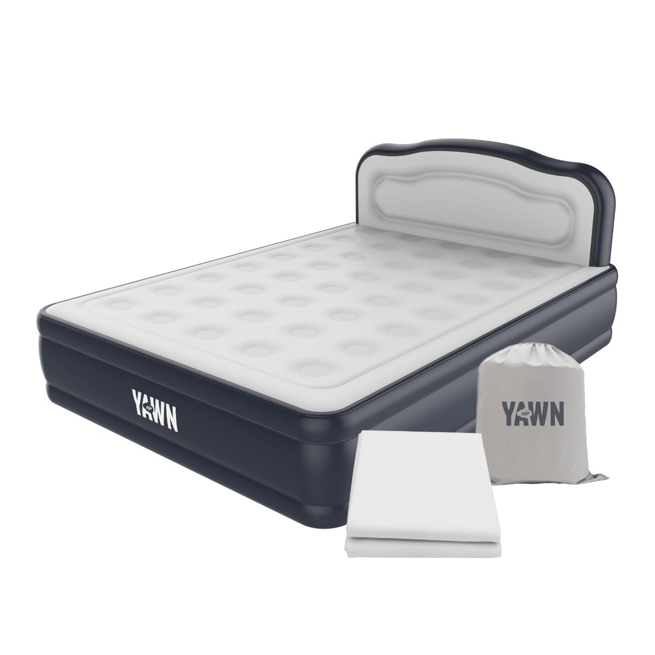 YAWN AIR Deluxe Self-Inflating Airbed with Custom Fitted Sheet Included - King Size - Great Guest Bed, Camping Mattress - Built-in Pump & Headboard - Available in UK Single, Double & King
