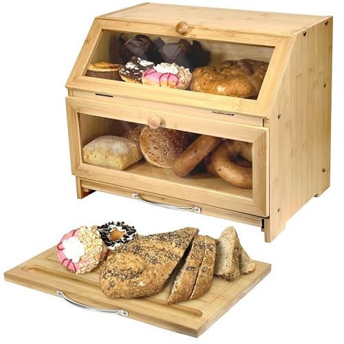 Olive Falls Large Two Layer Wooden Bread Bin & QUALITY CUTTING BOARD - Natural Bamboo. Clear Acrylic Windows and Ventilation Holes keep your Bread Storage Fresh For Longer. Easy Home Self Assembly. - Cosy Home Interiors Olive Falls Large Two Layer Wooden Bread Bin & QUALITY CUTTING BOARD - Natural Bamboo. Clear Acrylic Windows and Ventilation Holes keep your Bread Storage Fresh For Longer. Easy Home Self Assembly.