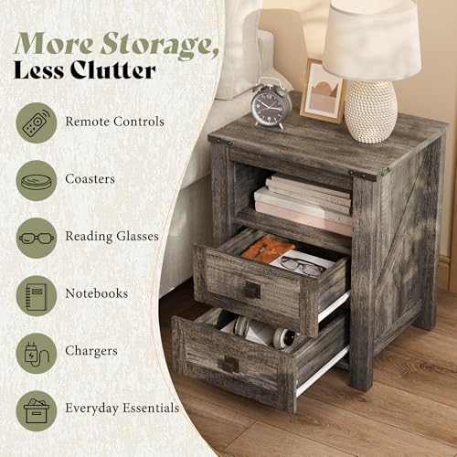 Image of AMERLIFE Farmhouse Nightstand Set of 2, Wooden Side Table with Drawers & Open Shelf, Narrow /Small Bedside End Table, Wood Night Stand for Bedroom /Dorm /Home Office, Rustic Grey Oak
