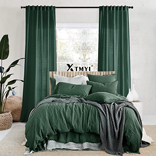 Image of XTMYI Emerald Dark Green Back Tab /Hook Belt Linen Cotton Sheer Curtains for Bathroom 45 Inch Length