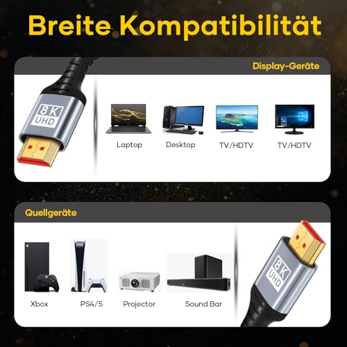 HDMI 2.1 Kabel 3Meter 10K 8K,48Gbps Ultra Highspeed HDMI Kabel 10K 8K@60Hz 4K@120Hz 7680P,HDMI 2.1 Unterstützt HDR10 eARC 3D HDCP 2.2&2.3,Kompatibel Mit PS5/4 X-Box HDTV Blu-ray Player/Monitor/Laptop