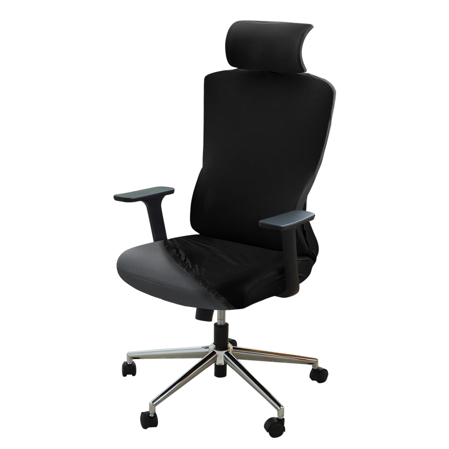 HOKIPO 'SereneSolids' 140 GSM Office Chair Cover with Headrest (High-Back) – 140 GSM Stretch Fabric – Washable, Anti-Slip Fit for Ergonomic Mesh Office Chairs, Black (AR-5369-BLK)