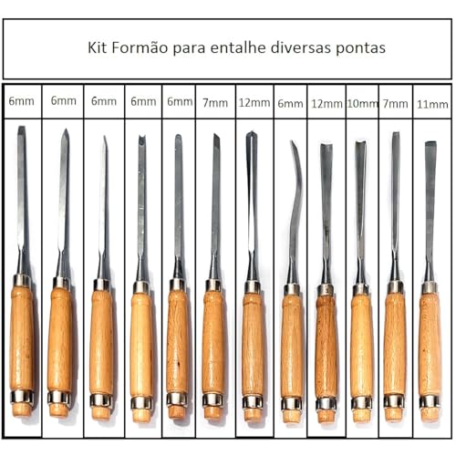 Kit de Formões para Entalhe com 12 Peças Pontas Diversas para Madeira Gesso Argila Resina Marcenaria