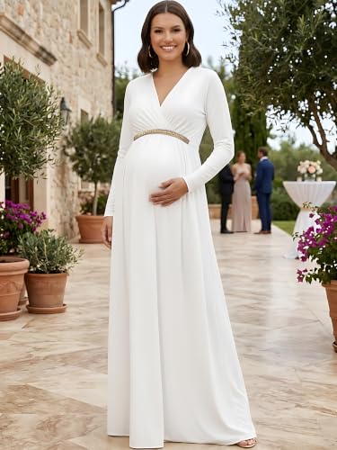Image of KOH KOH Womens Maternity Long Sleeve V-Neck Flowy Winter Maxi Dress Gown
