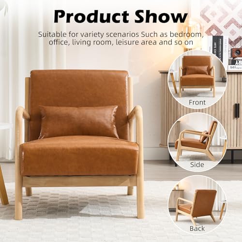 Image of INZOY Mid Century Modern Accent Chair with Wood Frame, Upholstered Living Room Chairs with Waist Cushion, Reading Armchair for Bedroom Sunroom, Light Brown