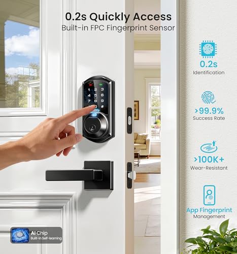 Veise VE07-L Fingerprint App Control Smart Locks with Heavy-Duty Zinc Alloy Handles, Keyless Entry for Front Door, Digital Electronic Touchscreen, Auto Lock, Waterproof, Easy Install, Matte Black thumbnail 4